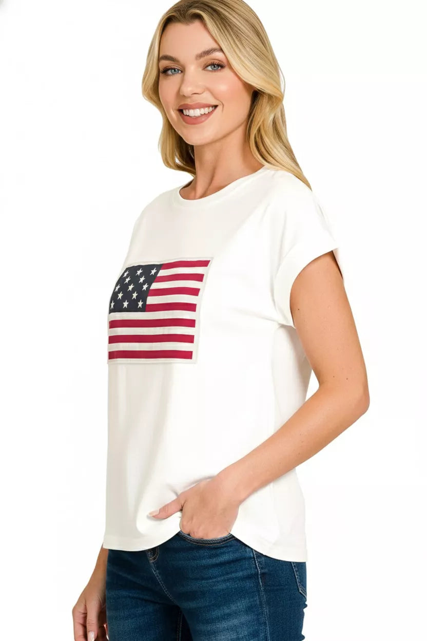 White USA Flag Print Round Neck Short Sleeve Patriotic T-Shirt