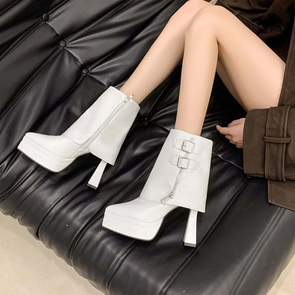 White Point Toe Platform Block Heel Ankle Boots