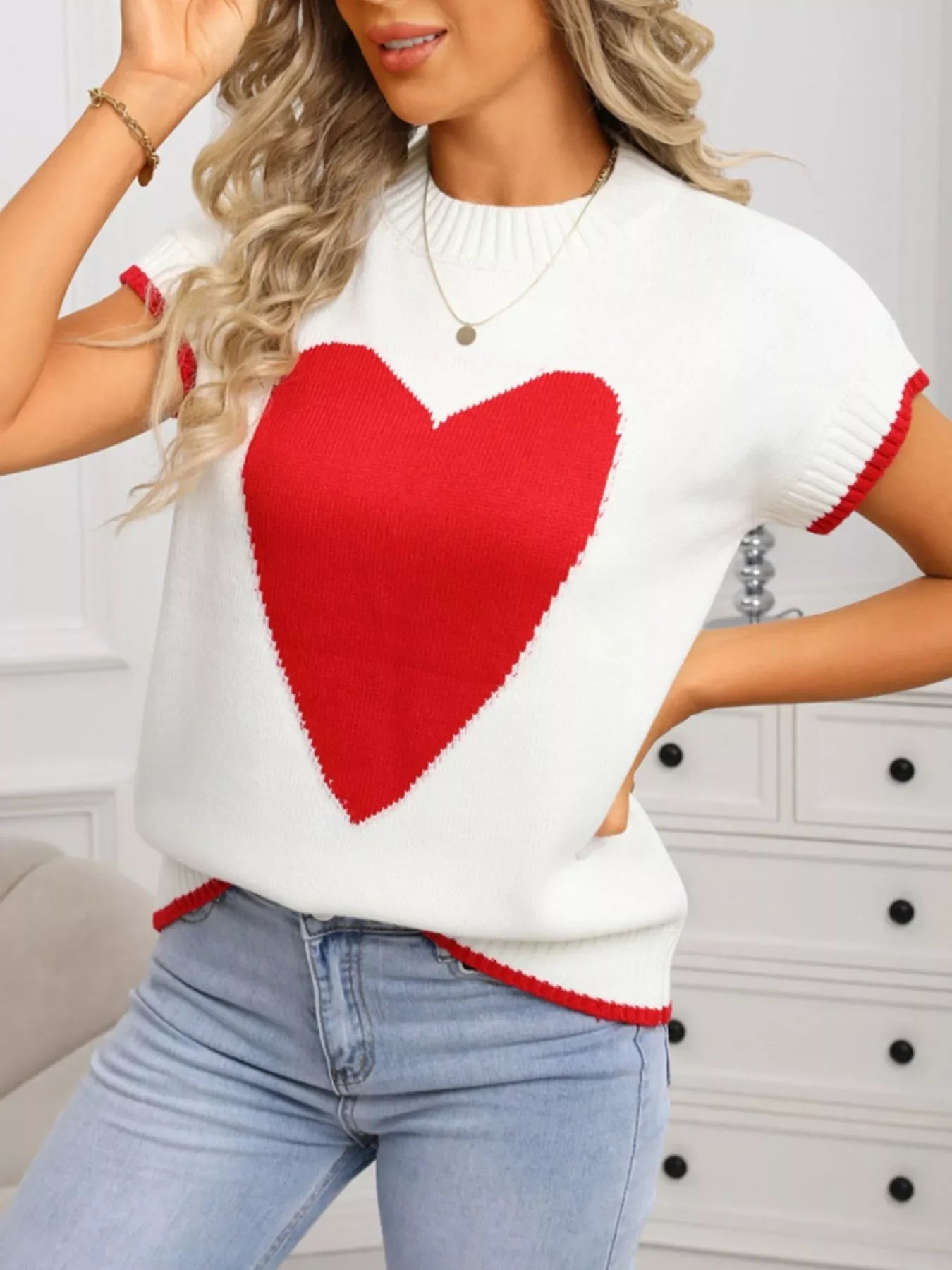 White Short Sleeve Knit Sweater with Red Heart Graphic