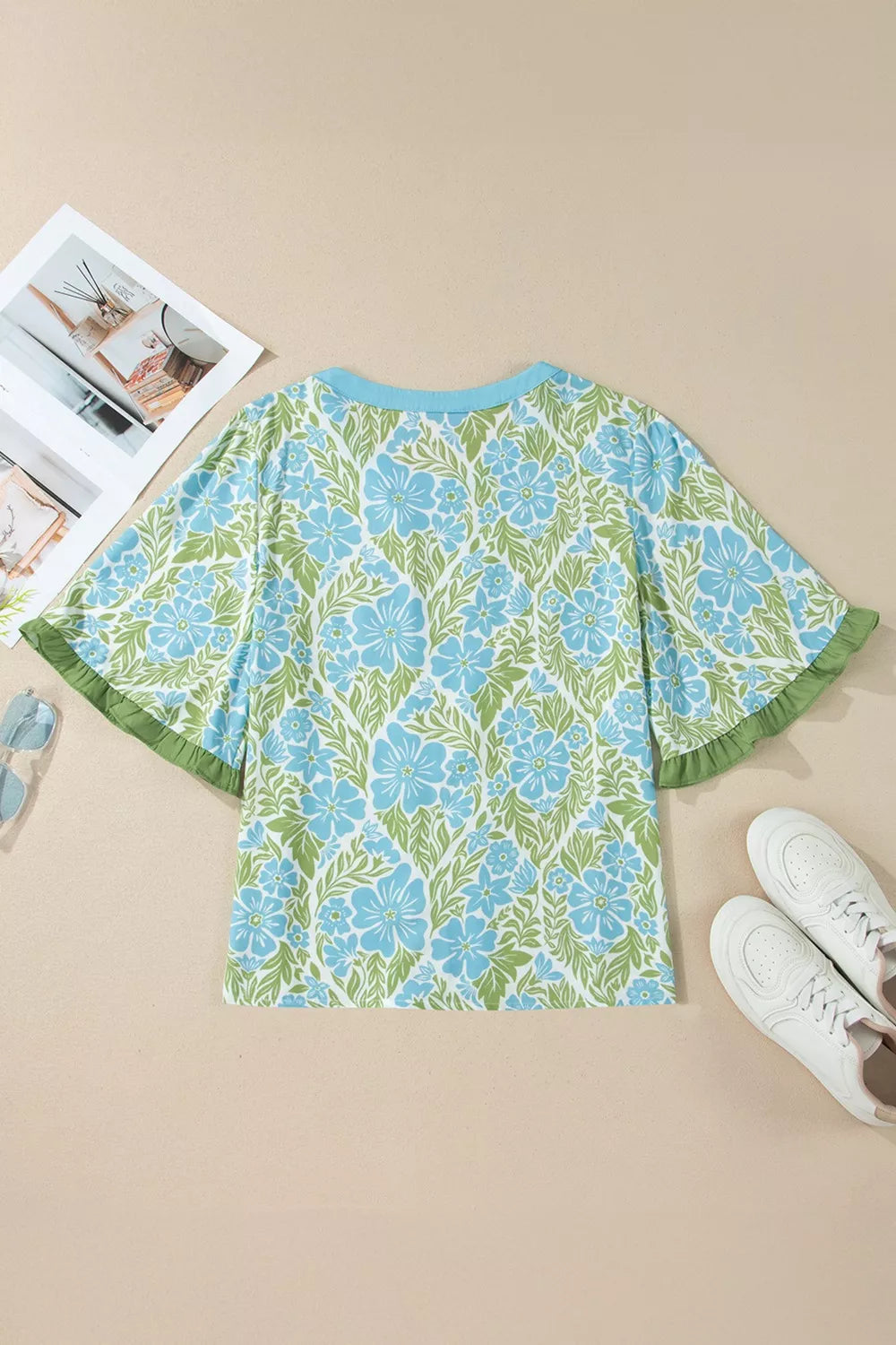 Floral Print Ruffled Color Block Blouse with Half Sleeves