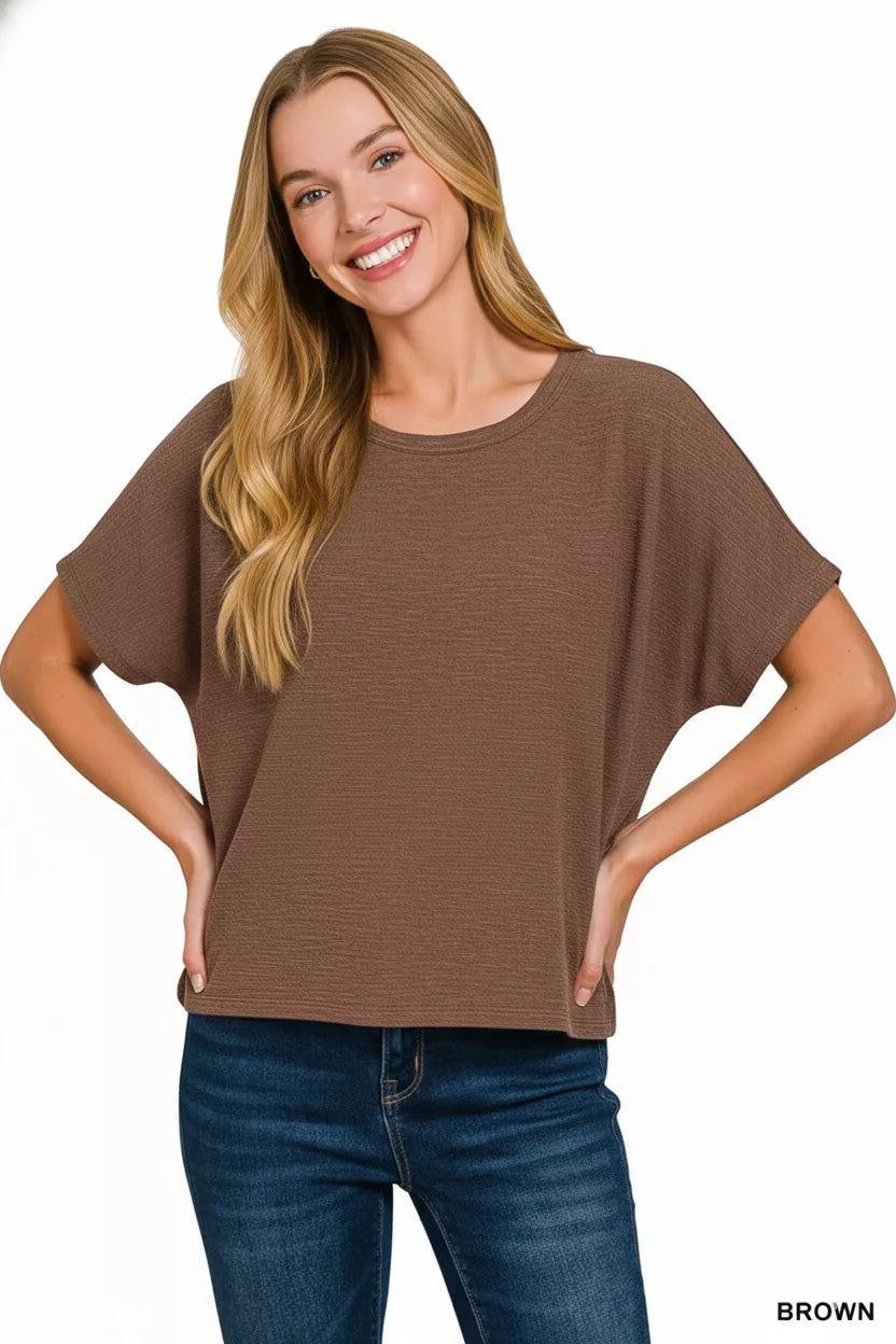Brown Cotton Slub Oversized Crew Neck Short Sleeve Tee