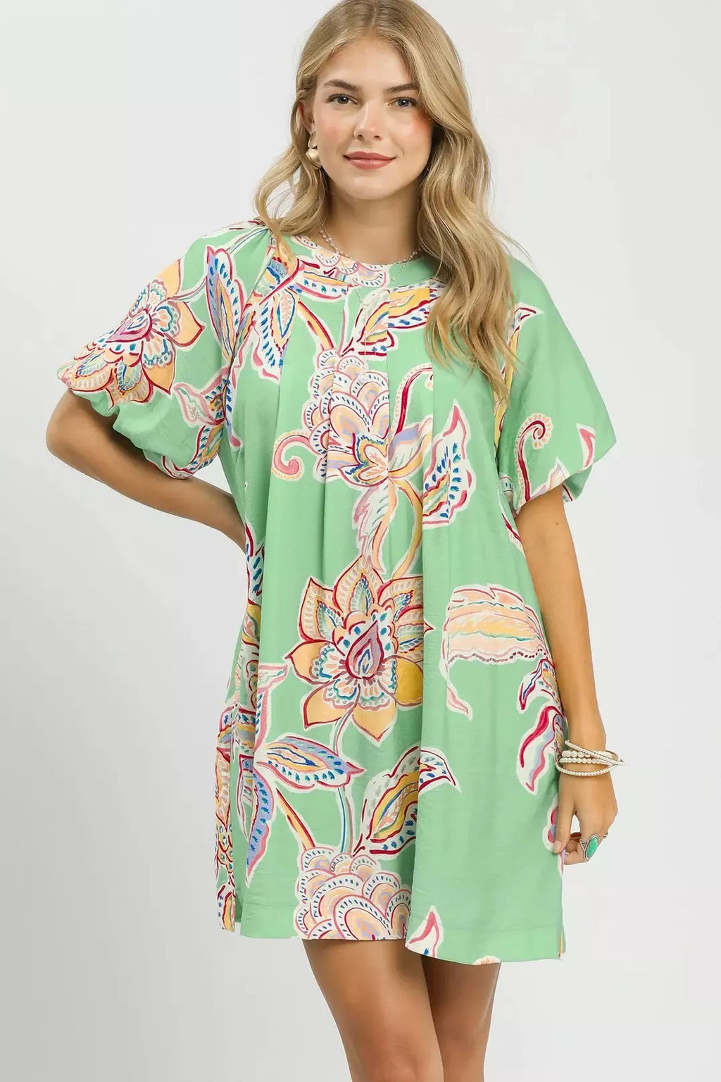 Sage Green Boho Floral Mini Dress with Short Sleeves and Pockets