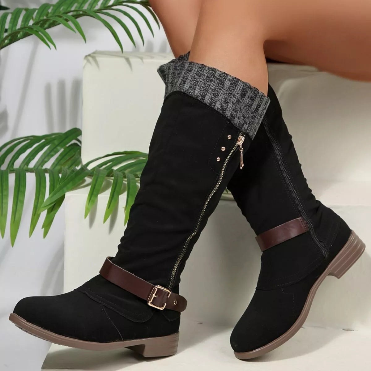 Women Black Suede Mid-Calf Boots with Knit Cuff and Buckle Detail