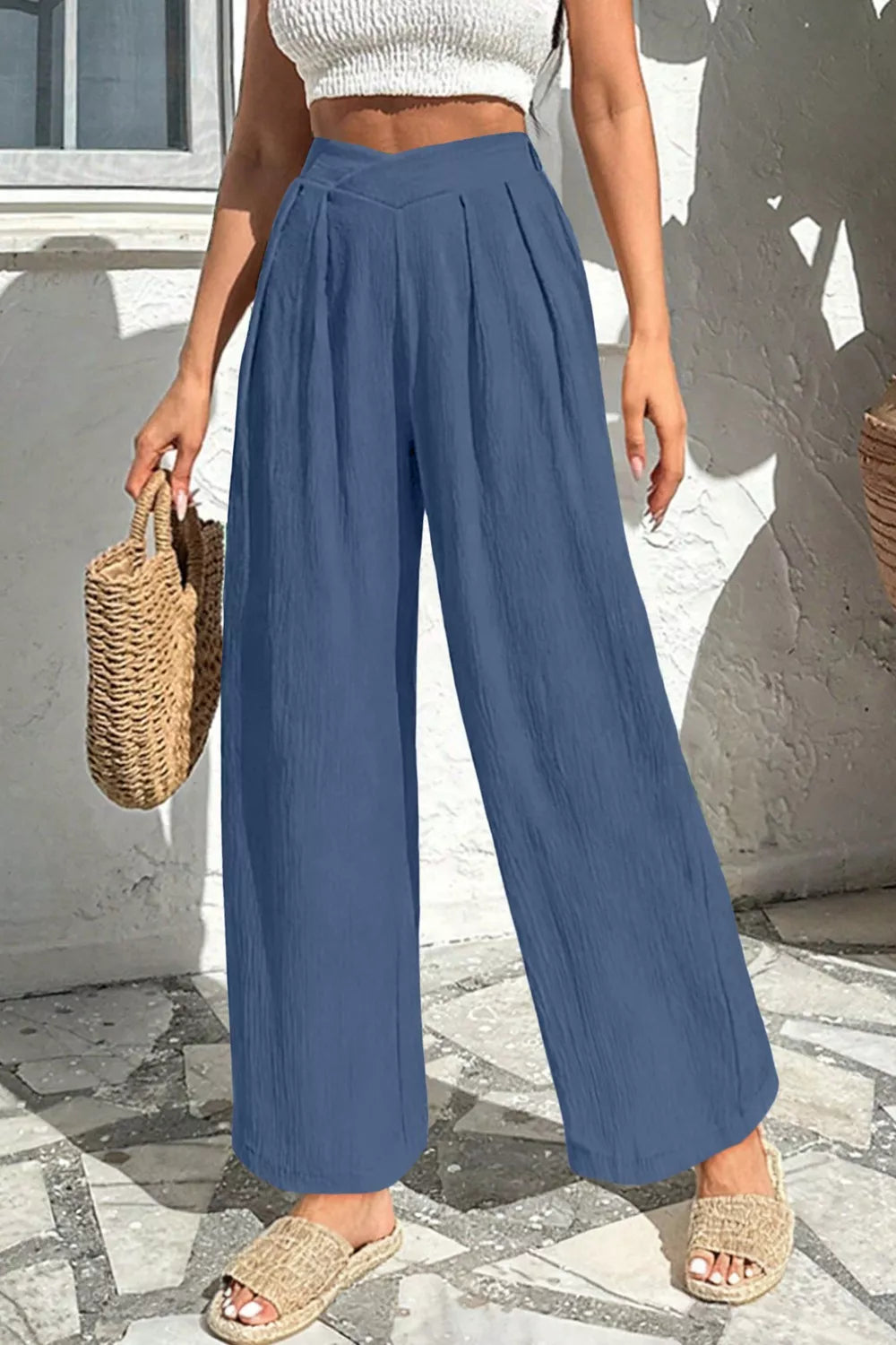 Blue Textured High Waist Wide Leg Pants with Pockets