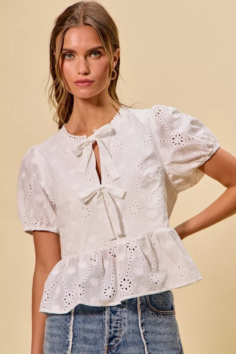 Women's Cotton Eyelet Blouse with Front Tie
