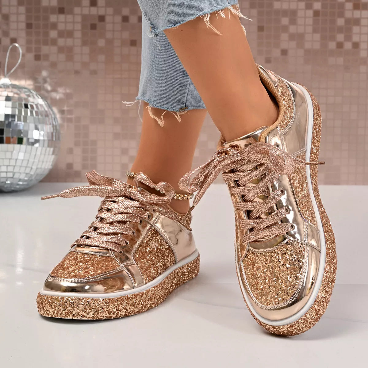 Women's Sequin Lace Up Sneakers - Gold, Silver & Champagne
