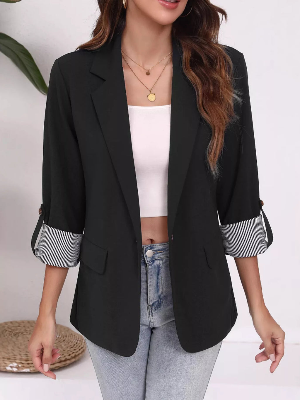 Women's Black Lapel Blazer with Striped Roll-Up Sleeves