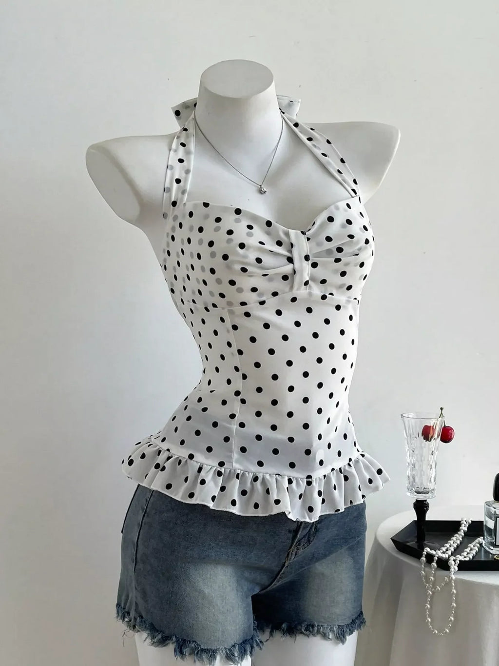 Polka Dot Halter Neck Cami Top with Ruffle Hem