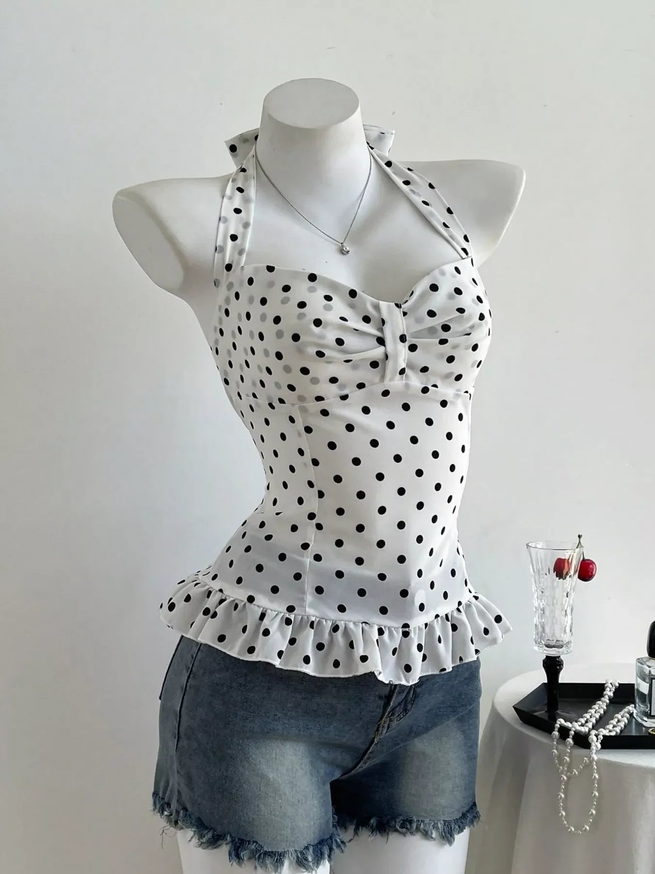 Polka Dot Halter Neck Cami Top with Ruffle Hem