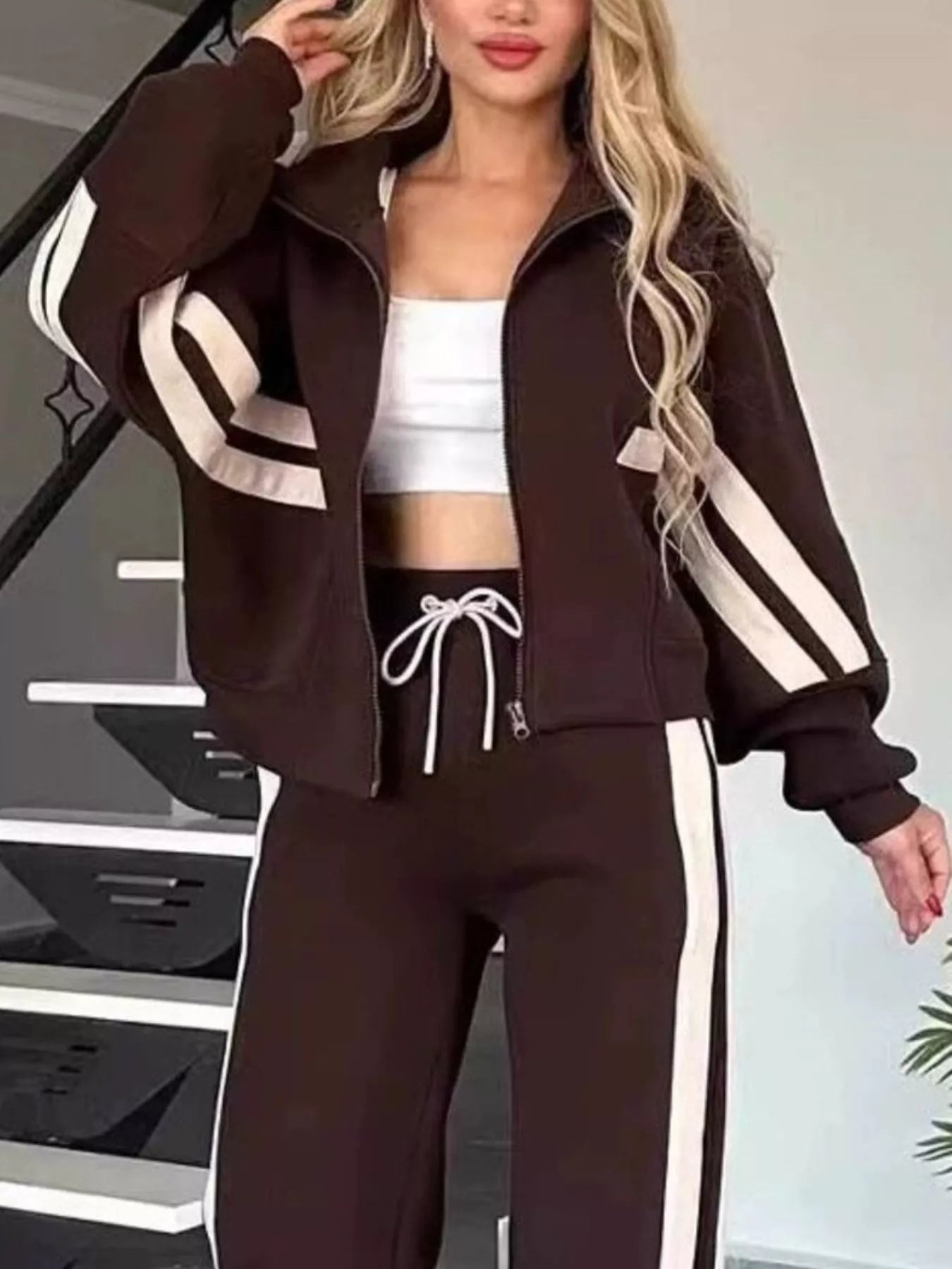 Women White Red Striped Zip Up Track Jacket and Pants Set