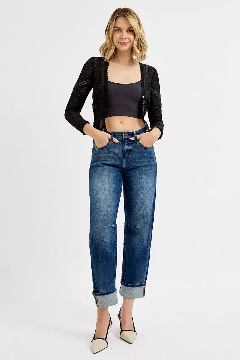Women's Slouchy Crop Barrel Cuffed Mid-Rise Jeans