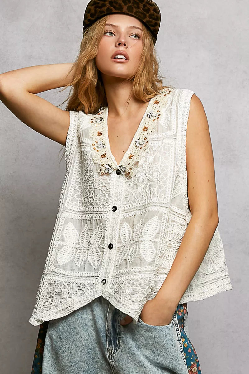Embroidered Floral Crochet V-Neck Vest with Lace Trim