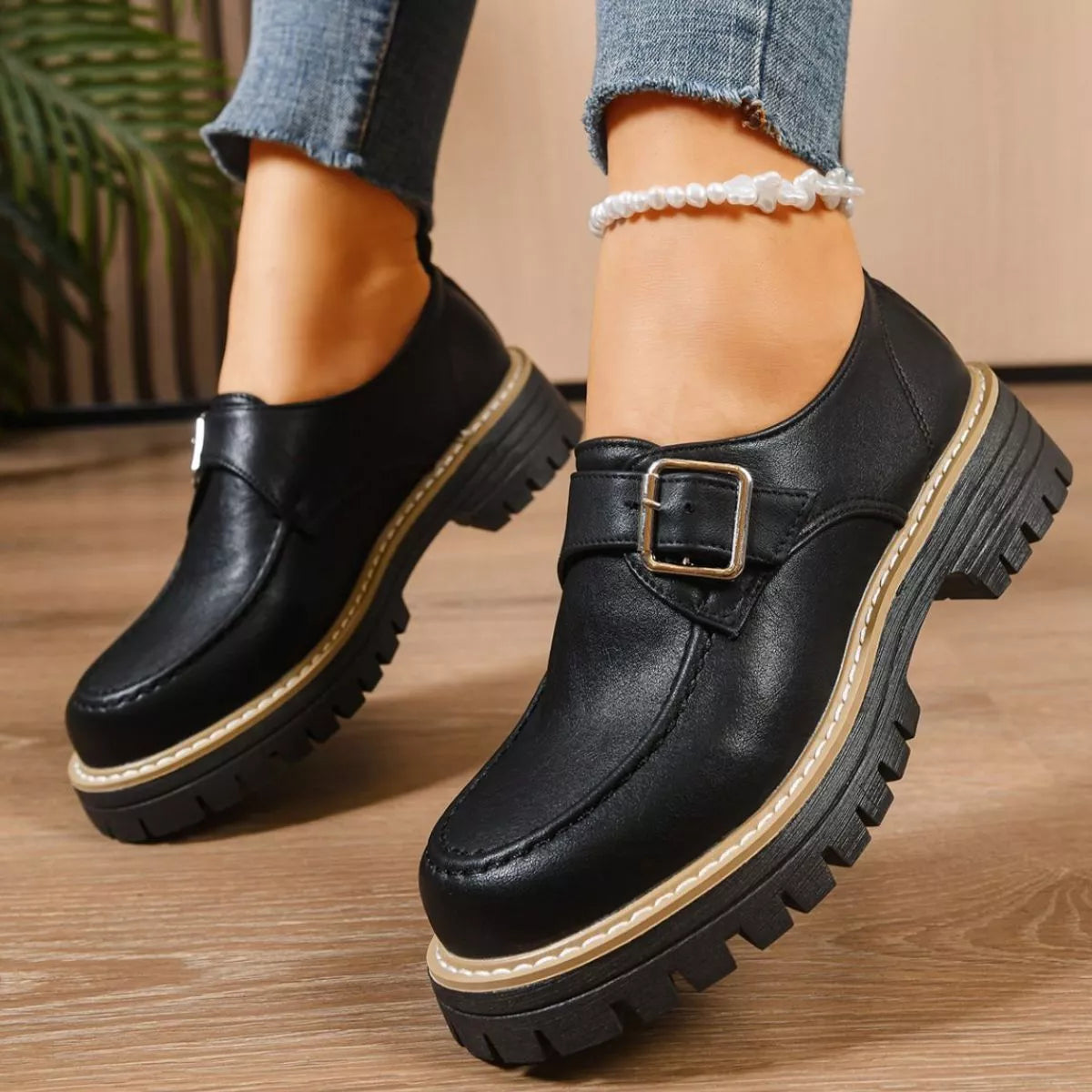 Women's Burgundy Round Toe Buckle Loafers Mid Heel Casual Shoes