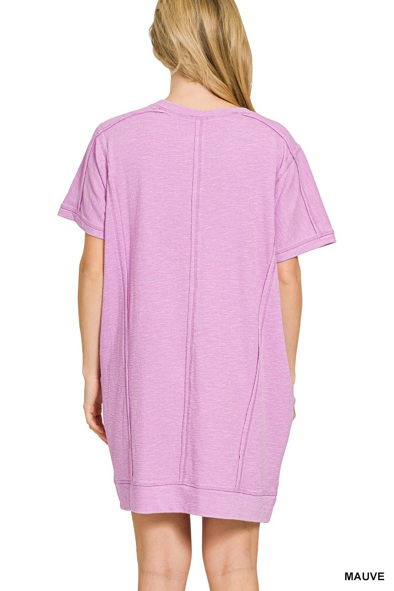 Washed Slub Mini Dress with Pockets - Mauve