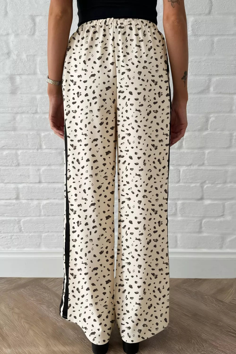 Leopard Print Drawstring Pants with Black Side Stripe Detail