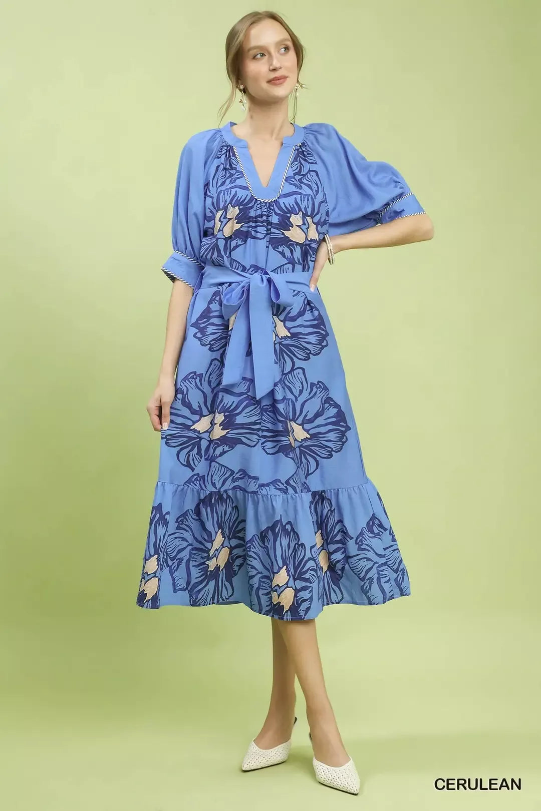 Floral Print V-Neck Midi Dress with Belted Waist in Cerulean