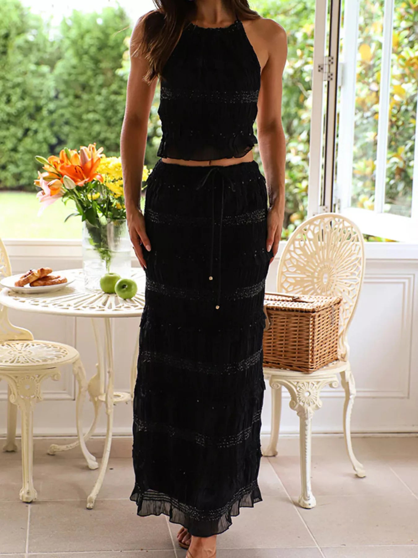 Smocked Sleeveless Halter Top and Maxi Skirt Matching Set