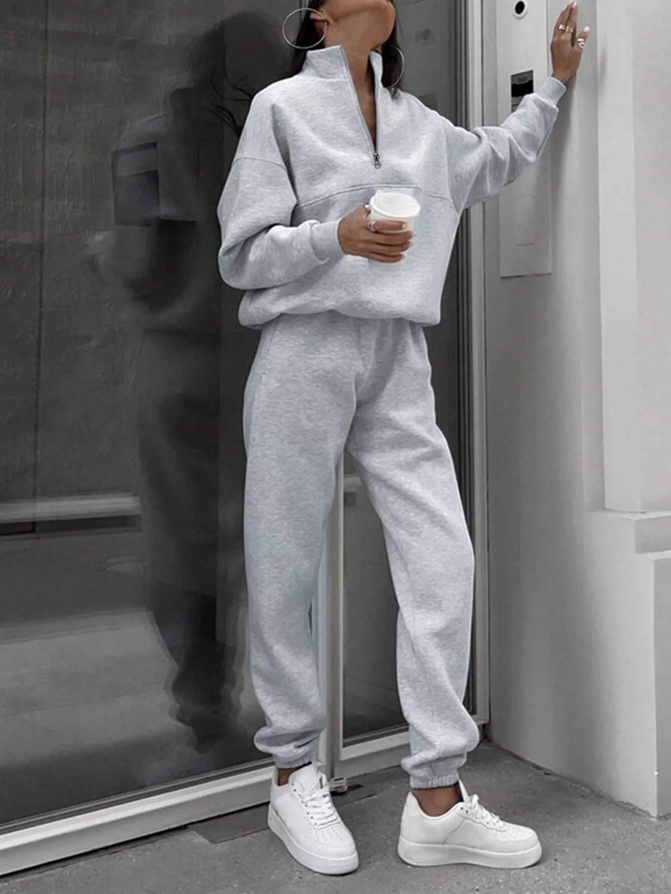 Women's Half Zip Sweatshirt & Pants Set - Grey Knit