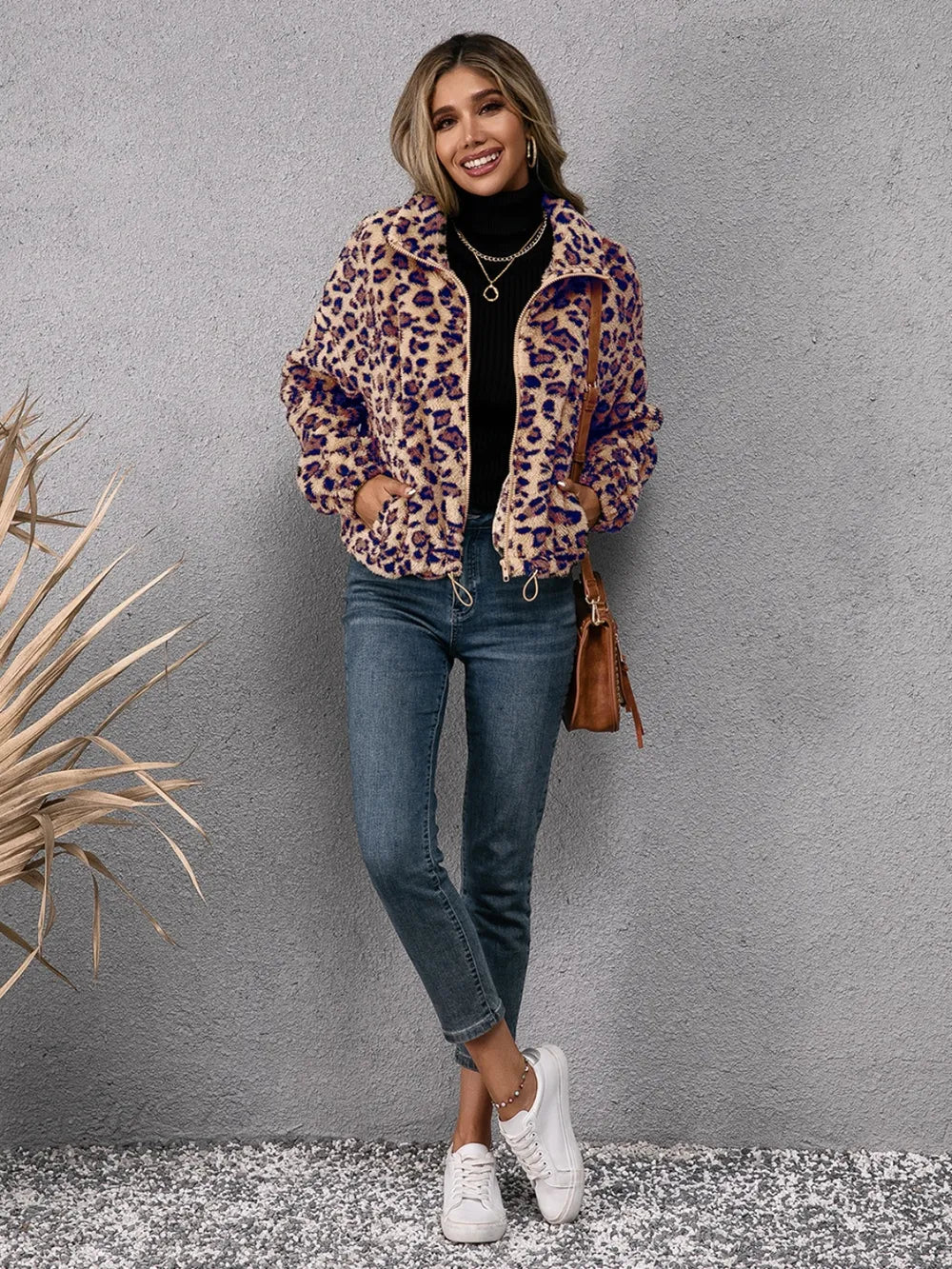 Women's Leopard Print Fleece Zip Up Jacket with Drawstring