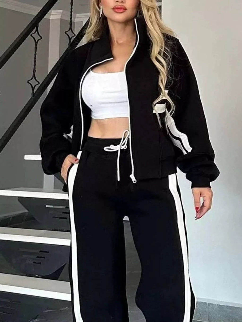Women White Red Striped Zip Up Track Jacket and Pants Set