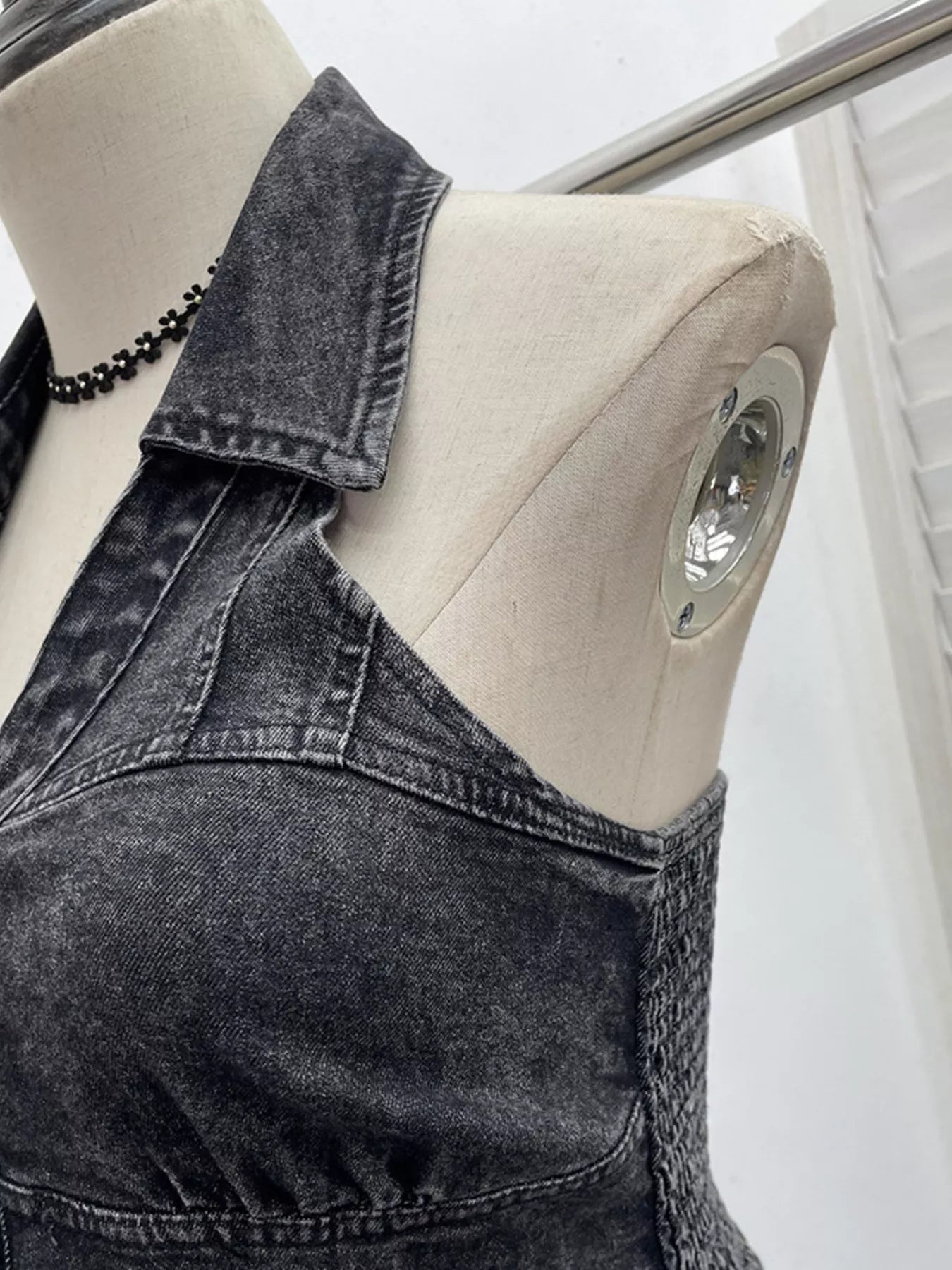 Smocked Denim Halter Collar Top in Blue