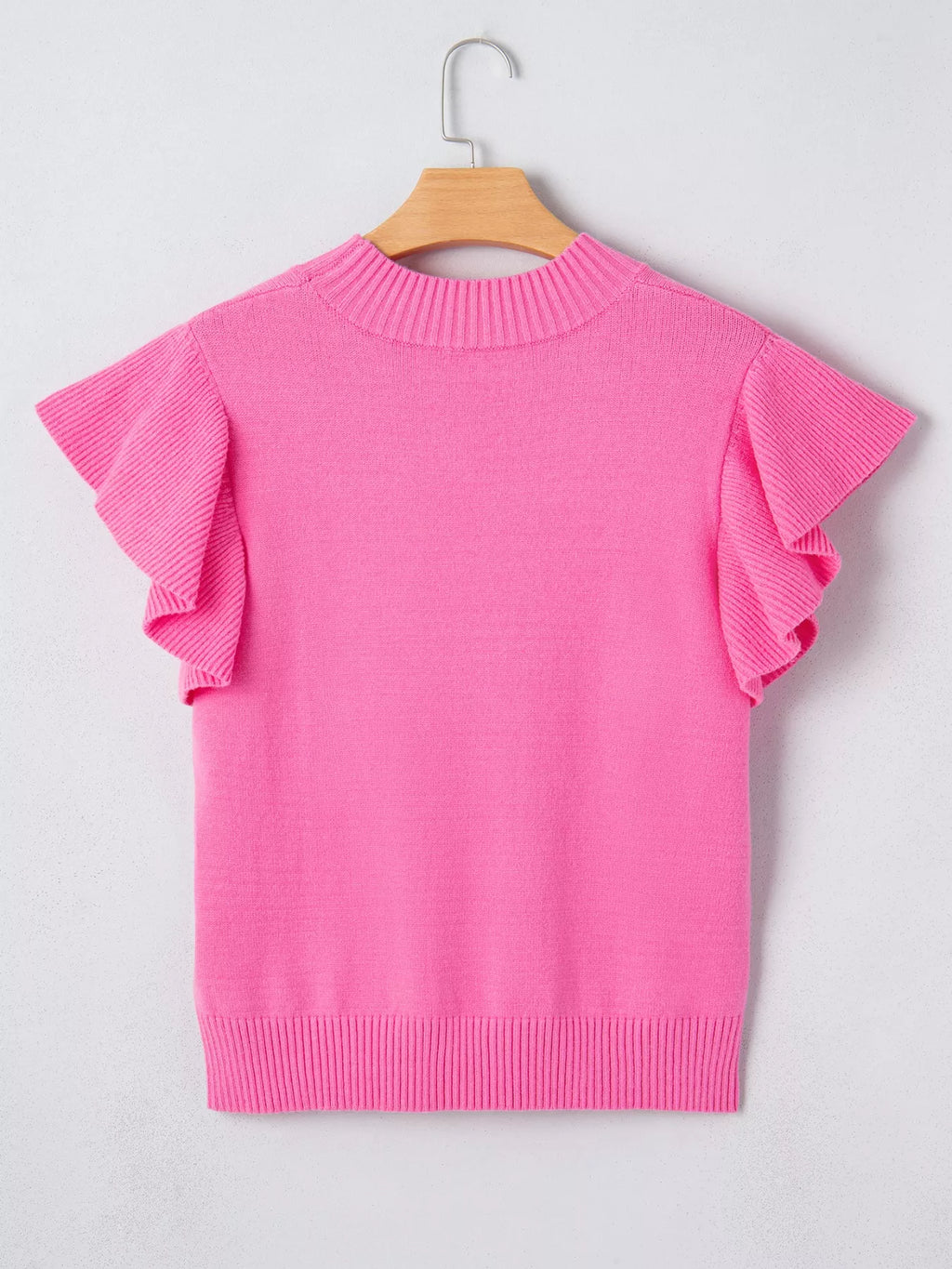 Hot Pink Ruffle Sleeve Round Neck Knit Sweater