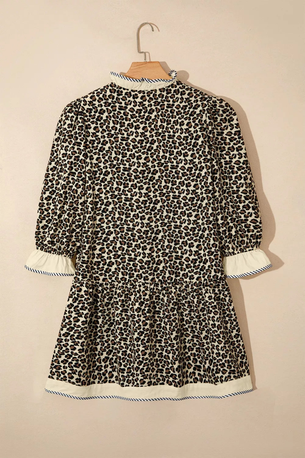 Leopard Print V-Neck Ruffle Trim Mini Dress with Bracelet Sleeves