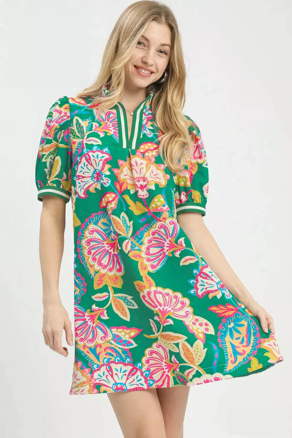 Emerald Jacquard Paisley Puff Sleeve Mini Tunic Dress