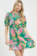 Emerald Jacquard Paisley Puff Sleeve Mini Tunic Dress