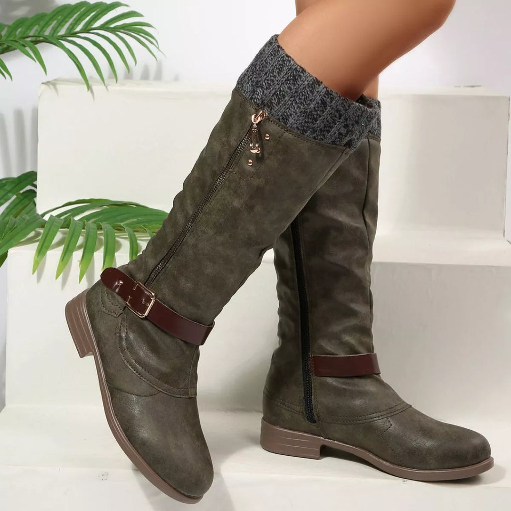 Women Black Suede Mid-Calf Boots with Knit Cuff and Buckle Detail