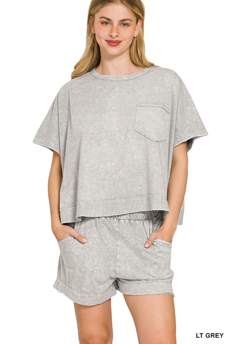 Light Grey Snow Washed Boxy Top and Shorts Lounge Set