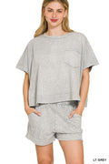 Light Grey Snow Washed Boxy Top and Shorts Lounge Set