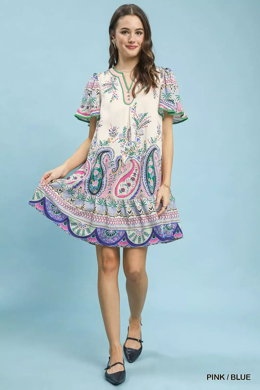 Pink and Blue Paisley Flutter Sleeve Mini Dress
