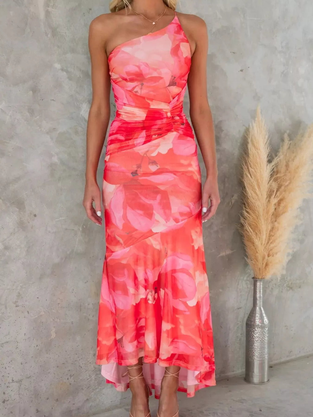 Floral Print One-Shoulder Ruched Maxi Dress in Purple