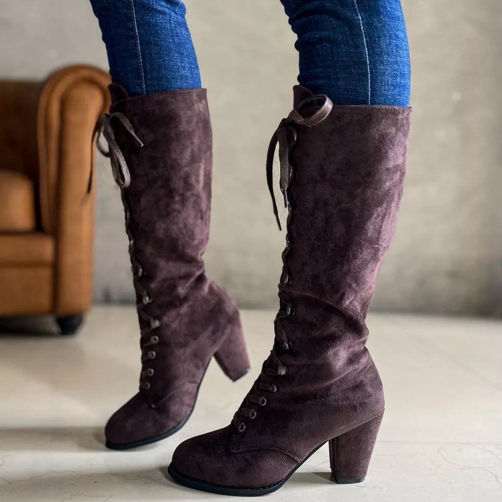 Women's Navy Suede Lace-Up Block Heel Boots