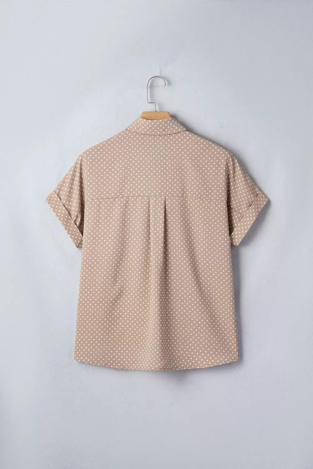 Women's Tan Polka Dot Button Down Short Sleeve Shirt
