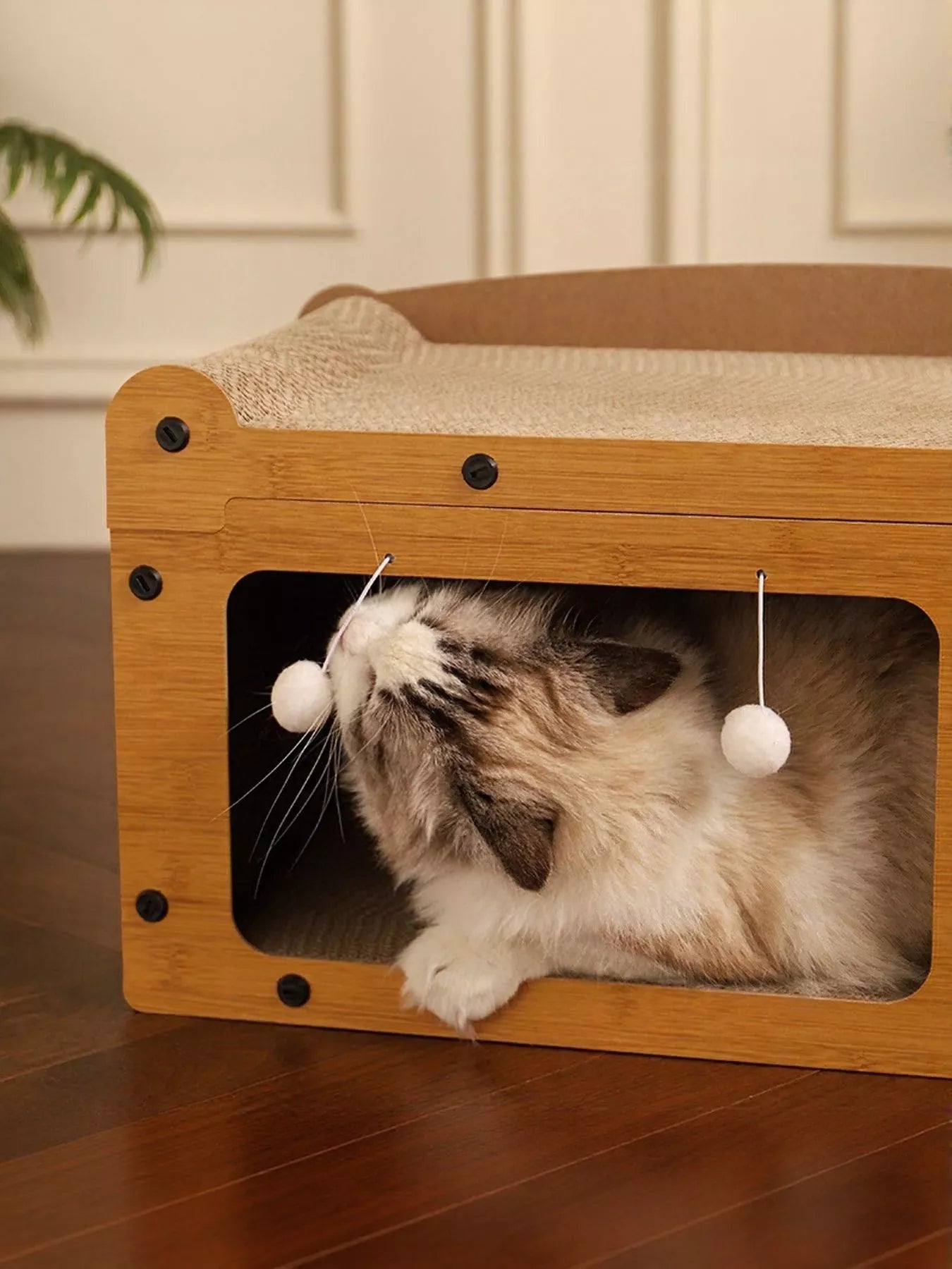 Wooden Cat House with Scratching Pad for Cozy Pet Relaxation