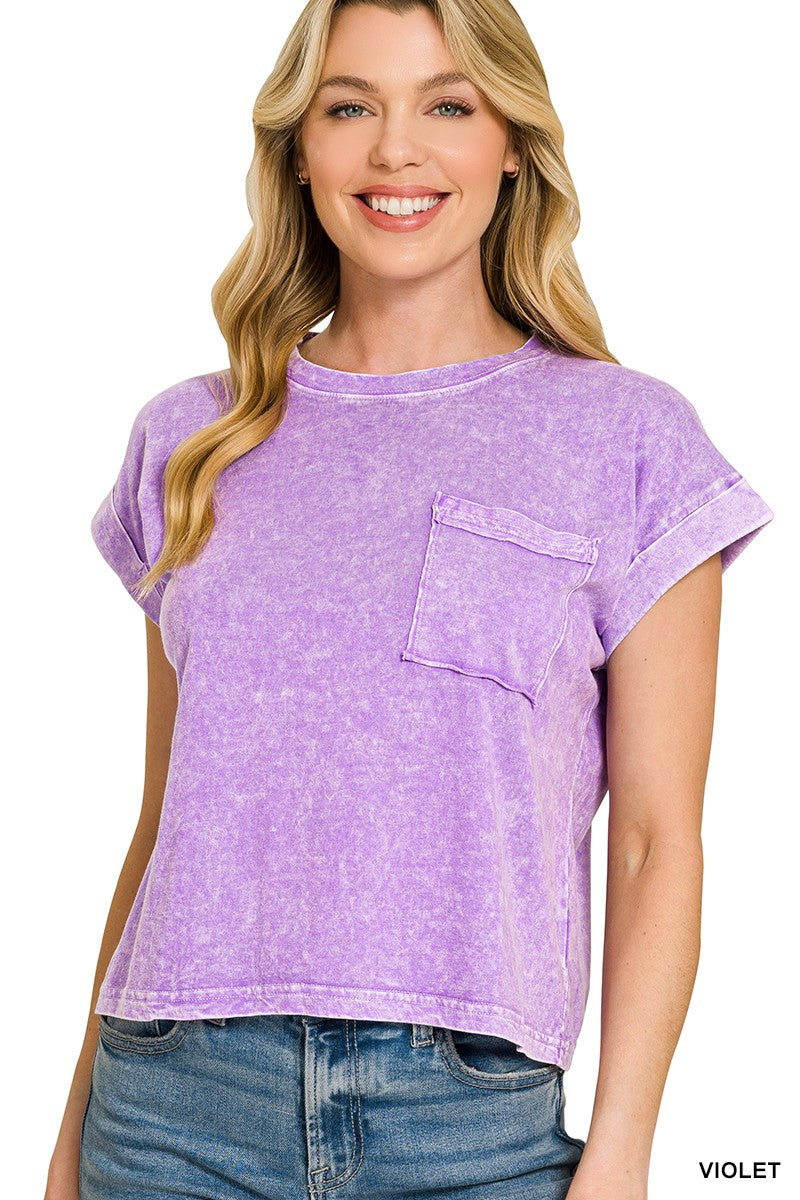 Violet Snow Washed Cotton Cuffed Short Sleeve Pocket T-Shirt