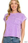 Violet Snow Washed Cotton Cuffed Short Sleeve Pocket T-Shirt