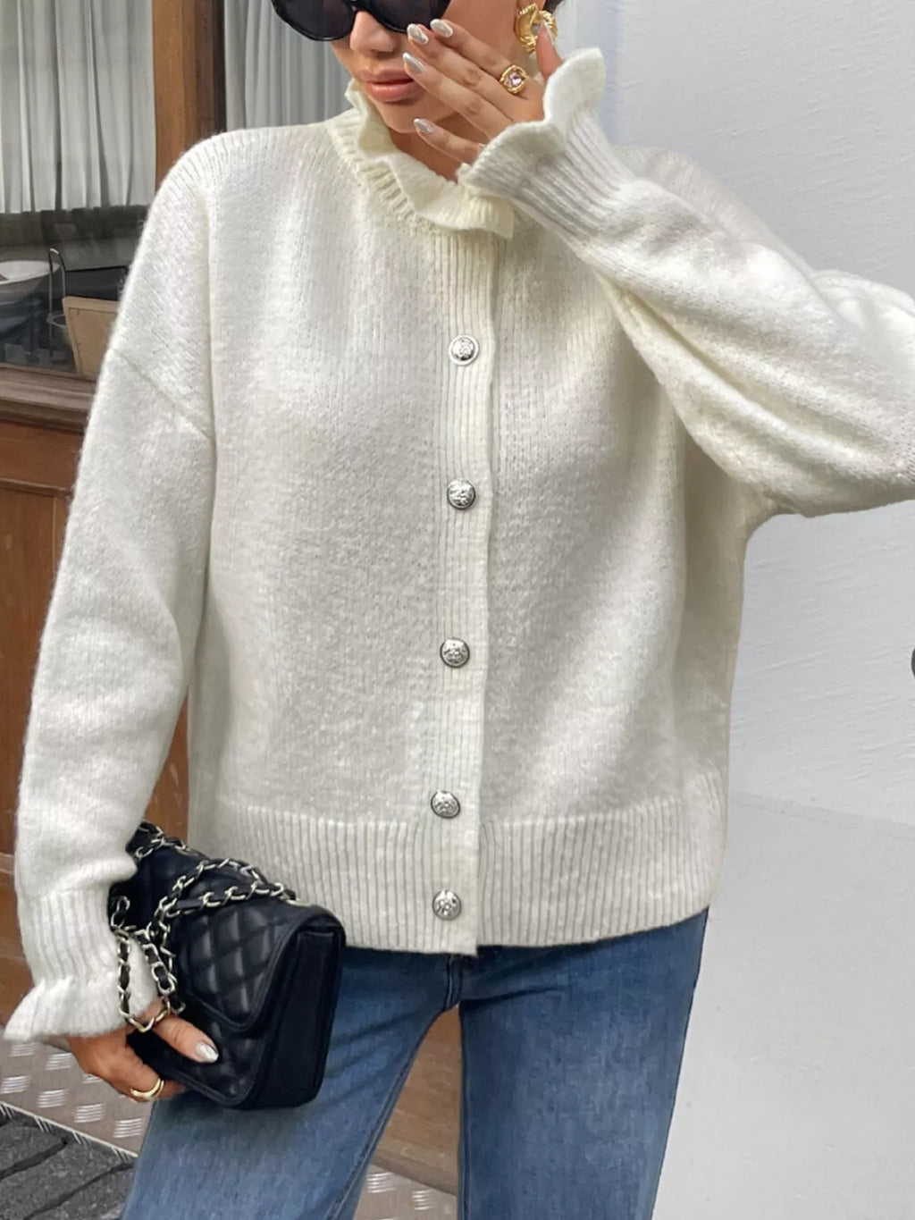 White Ribbed Ruffle Neck Button-Down Long Sleeve Cardigan