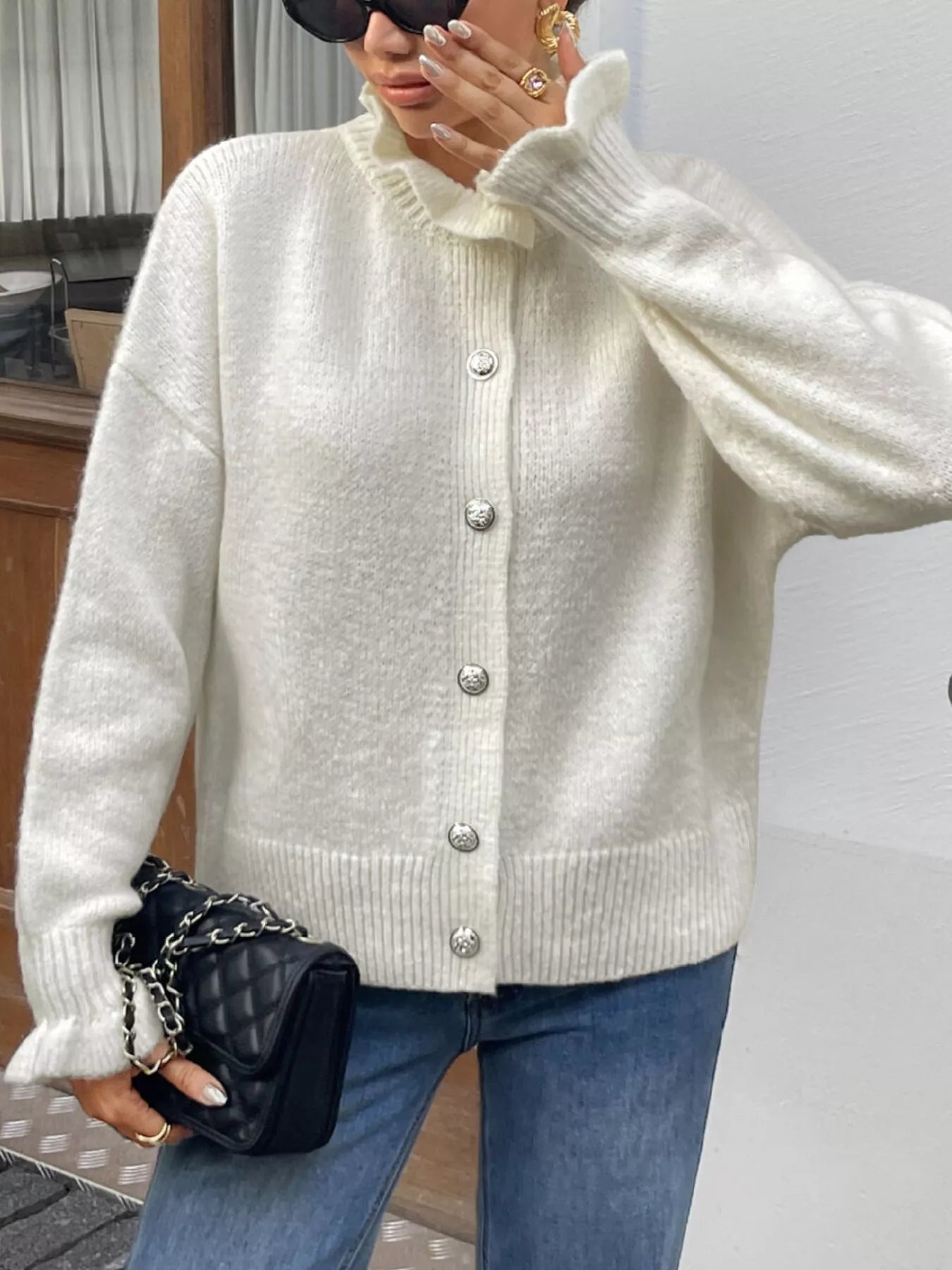 White Ribbed Ruffle Neck Button-Down Long Sleeve Cardigan