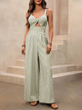 Striped Cutout Twist Front Wide Leg Jumpsuit in Olive Green