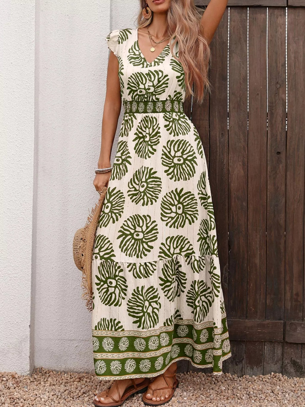 Floral Print V-Neck Ruffle Cap Sleeve Maxi Dress