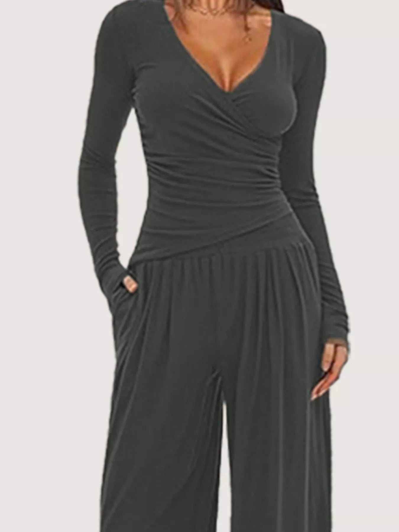 Women's Casual Long Sleeve V-Neck Top and Wide Leg Pants Lounge Set