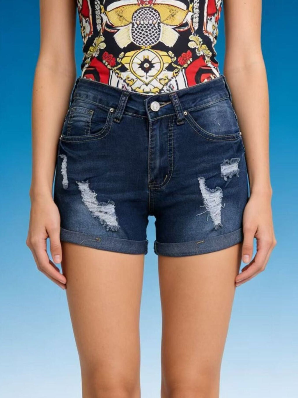 Women's Distressed Wash Denim Shorts with Cuffed Hem Details
