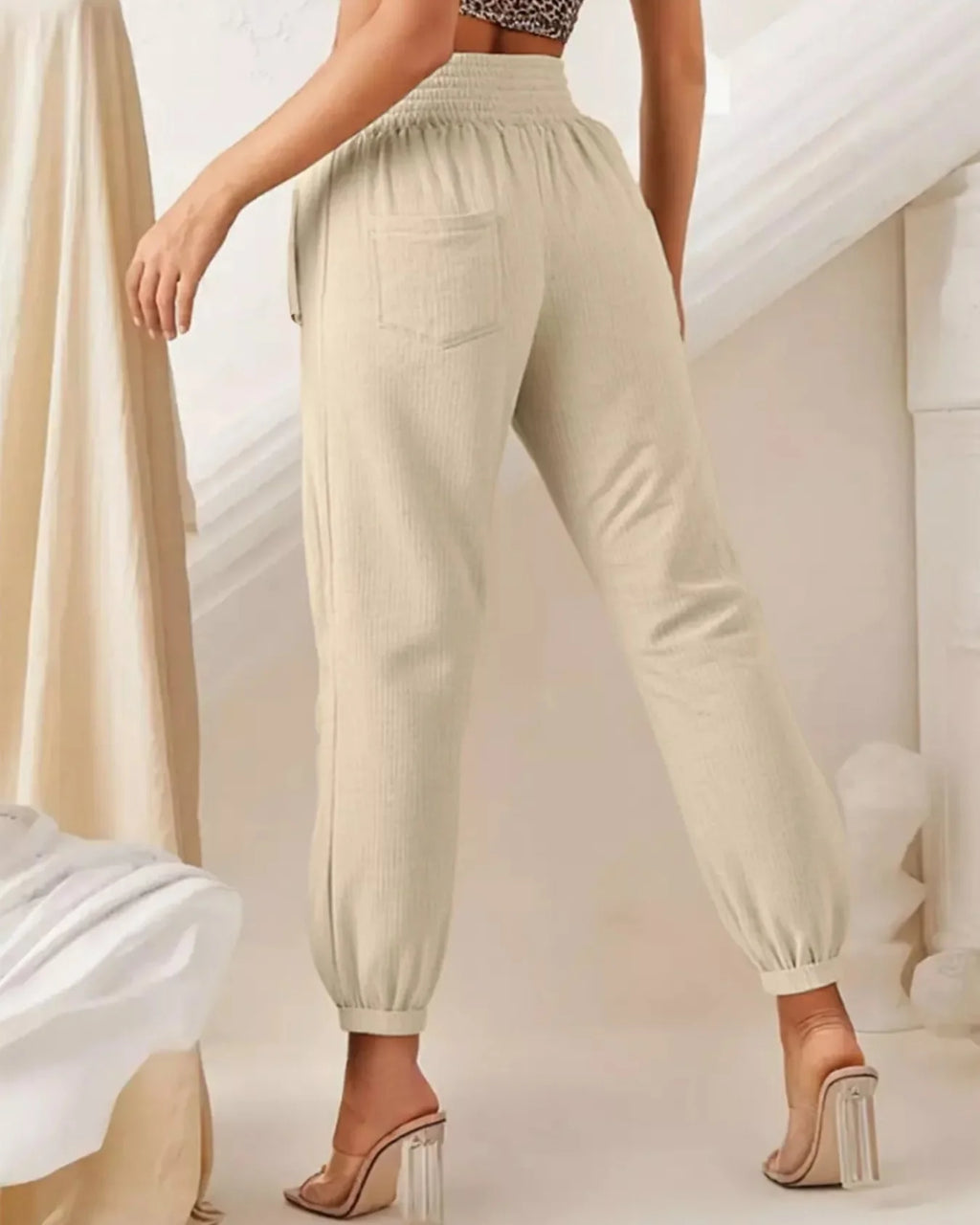 Women's Beige Textured Smocked Waist Casual Pants with Pockets
