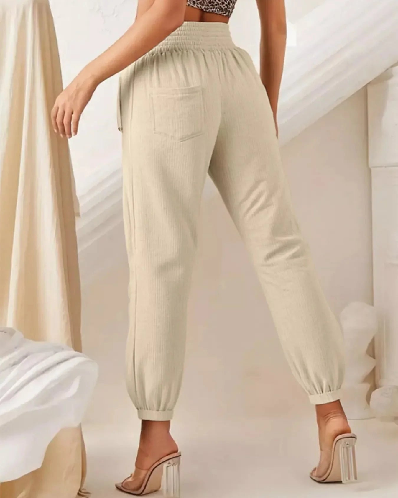 Women's Beige Textured Smocked Waist Casual Pants with Pockets