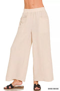 Women's Sand Beige Woven Airflow Wide Leg Elastic Waist Pants