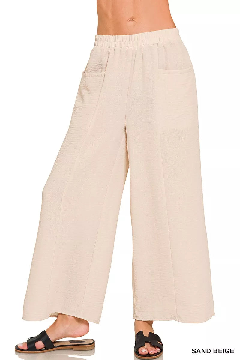 Women's Sand Beige Woven Airflow Wide Leg Elastic Waist Pants