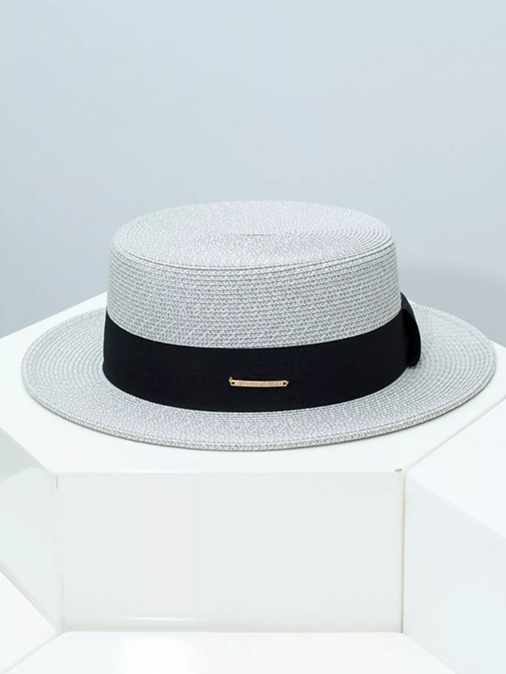 Straw Boater Hat with Ribbon Band and Metal Accent